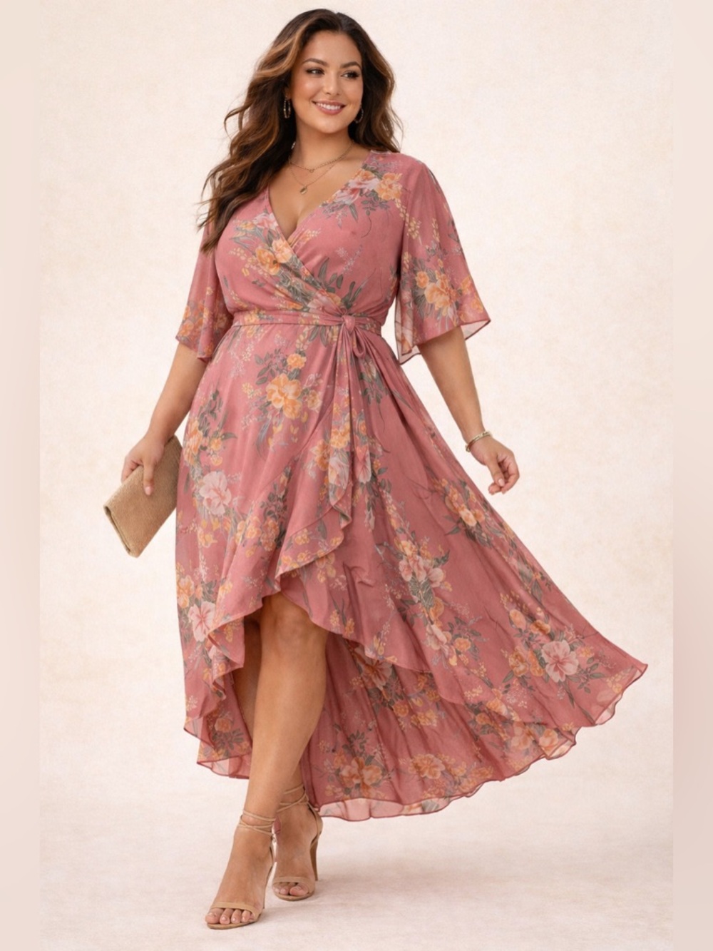 City Chic Dusty Rose Floral High-Low Wrap Dress